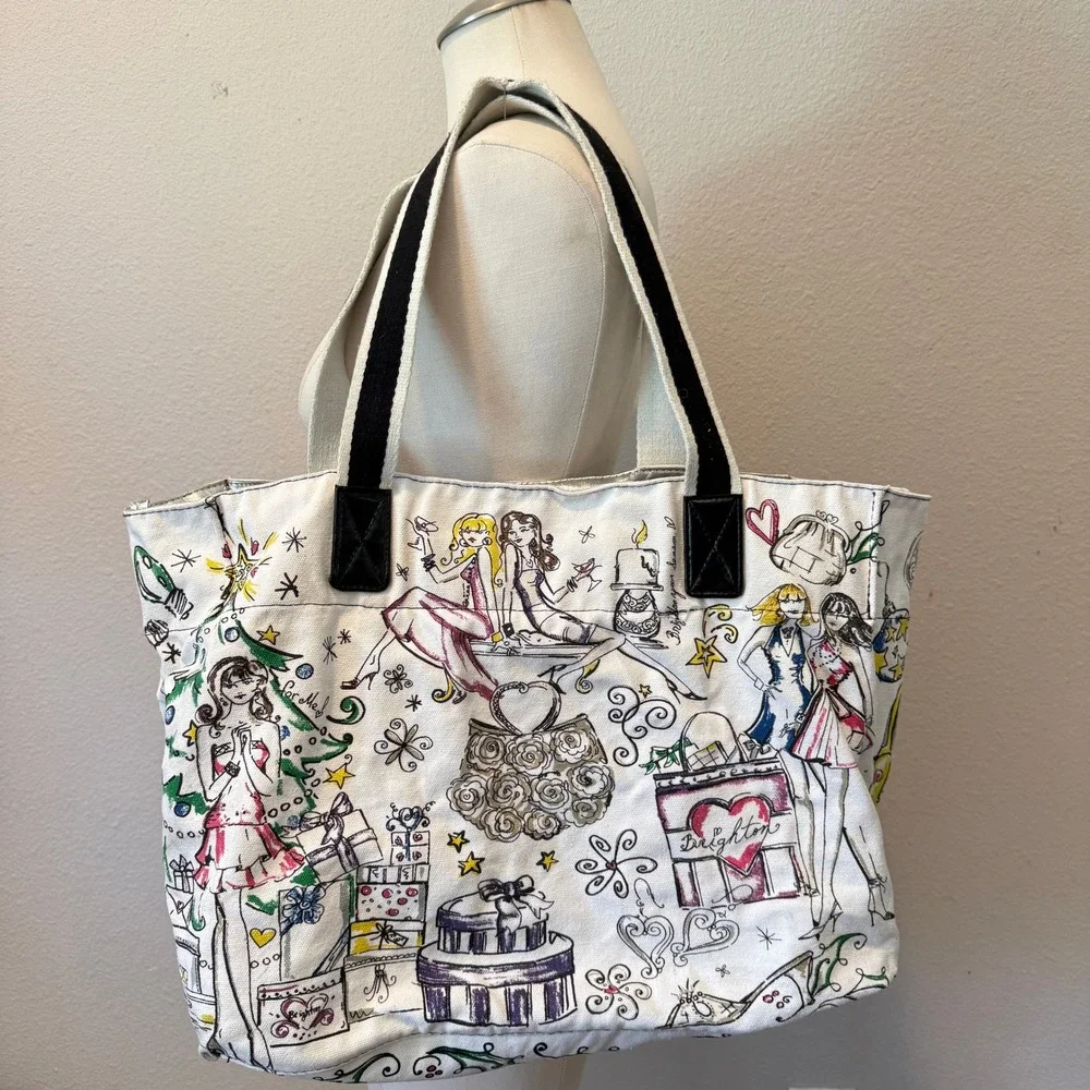 Brighton Happy Holidays Canvas Tote Bag White Multi Fashion Sketch Christmas